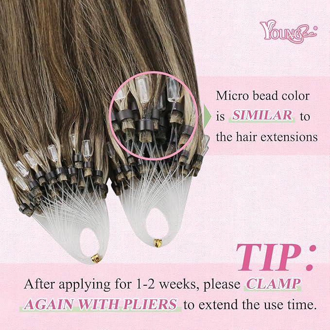YoungSee Micro Loop Hair Extensions Real Human Hair Brown Highlight Micro Ring Hair Extensions Human Hair Highlight Dark Brown and Blonde Microbeaded Extension Human Hair Remy Hair 22In 50g 50s