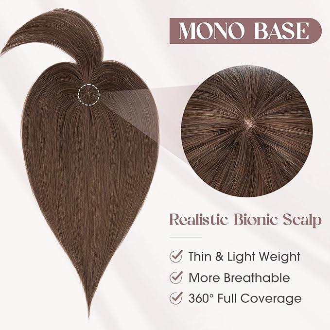MY-LADY Human Hair Toppers for Women Real Human Hair with Bangs Thin 8.5 * 8.5CM Mono Base Clip in Remy Hairpieces Light Weight 12 Inch Chocolate Brown