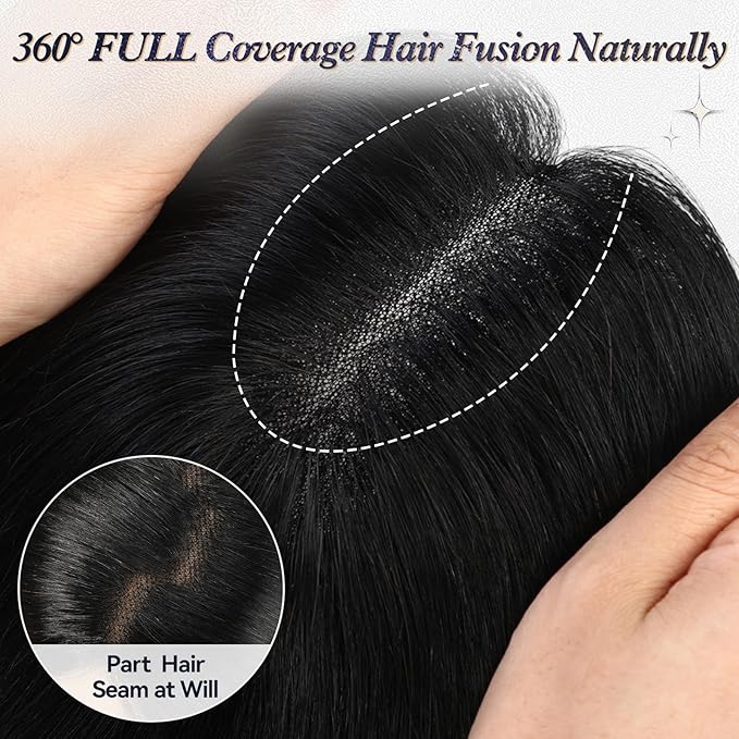 starluck Human Hair Topper for Women with Thinning Hair, 100% Real Human Hairpiece, 4.6 * 4 Inch Upgrade SilkHug Swiss Lace Base Hairpiece,14 Inch, No Bangs (Black)