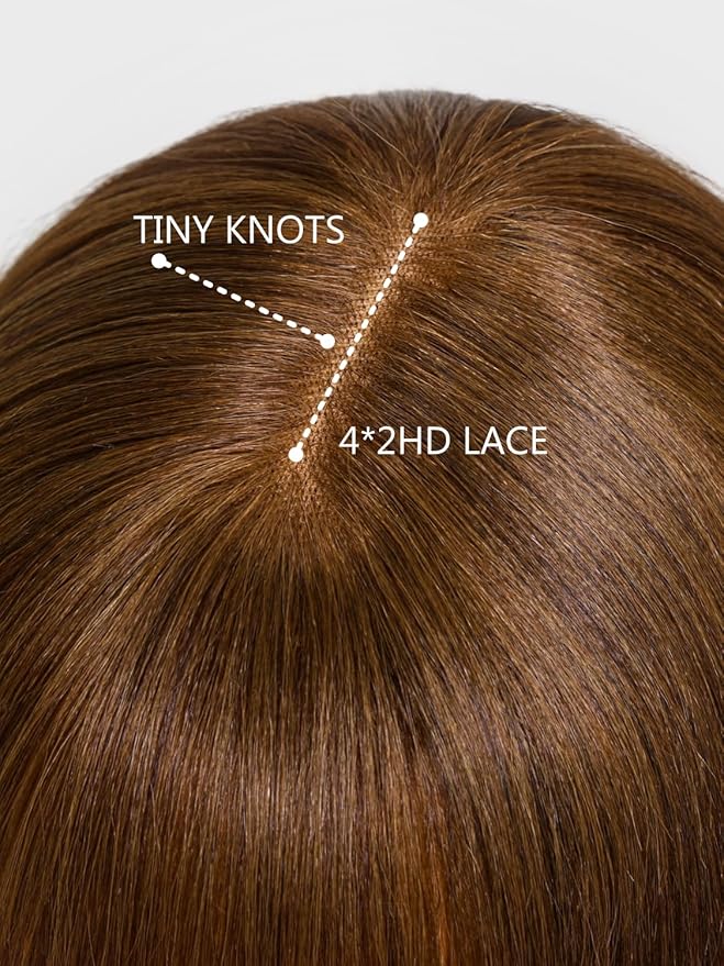KLAIYI Brown Bob Wig Human Hair with Bangs Loose Body Wave Glueless 4x2 HD Transparent Lace Closure Chestnut Chocolate Brown with Highlight Blonde Ready to Wear and Go Beginner Wigs Pre Plucked 14Inch