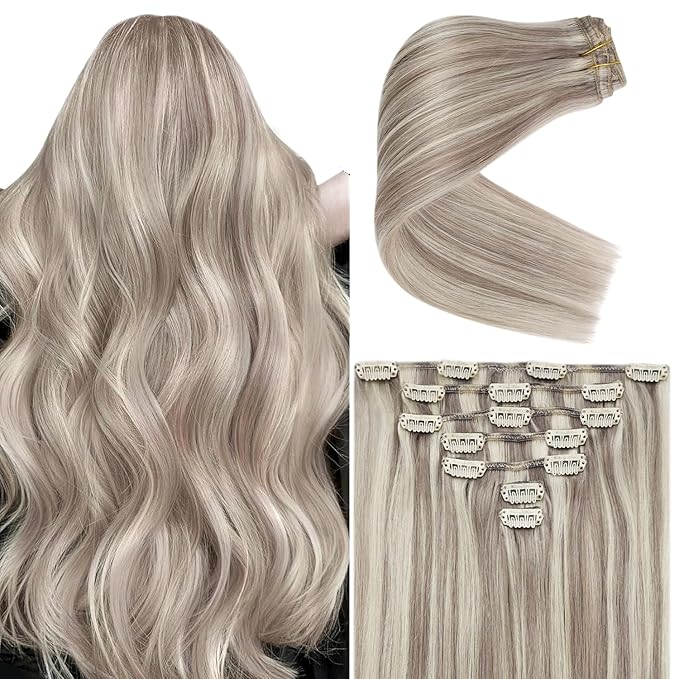 Ve Sunny Thick Human Hair Clip in Extensions Blonde Clip Hair Extensions Dirty Blonde Highlights Platinum Blonde Hair Extensions Clip in Add Hair Volume 7Pcs 120G 18Inch