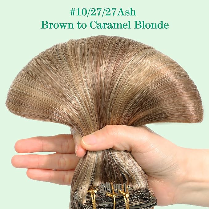 SURNEL Clip in Hair Extensions Real Human Hair Balayage Golden Brown to Caramel Blond Remy Hair Extensions Clip Ins 14 Inch 140g(7pcs #10/27/27-14")