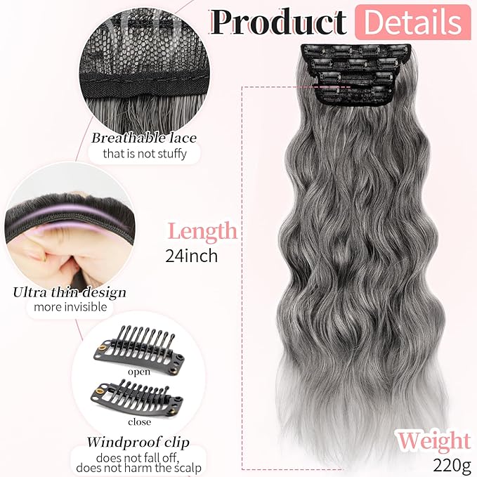 KooKaStyle Clip in Synthetic Hair Extensions Long Wavy 4PCS Thick Hairpieces Grey Sliver Mixed Fiber Double Weft Natural Hair Extensions 24 Inch for Women