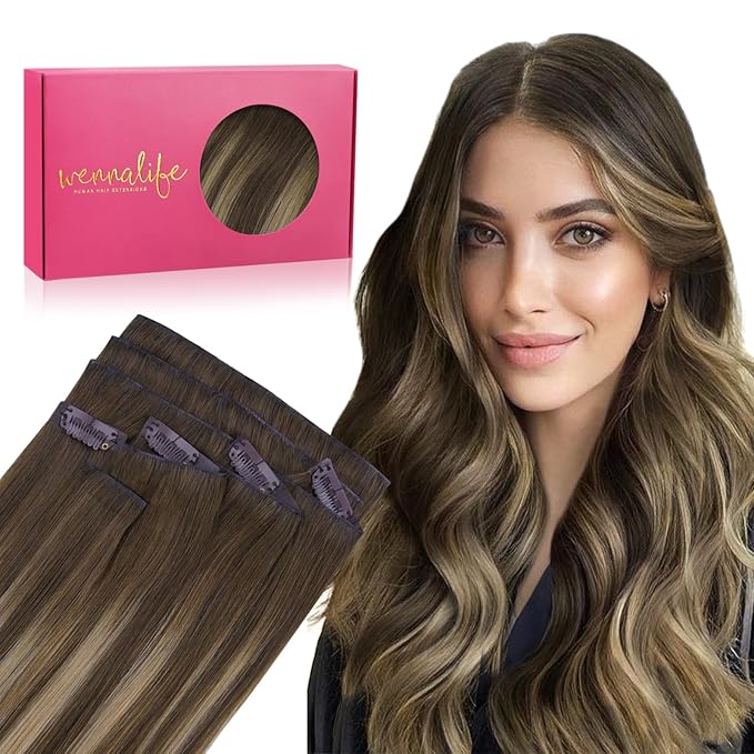 WENNALIFE Invisi Edge Clip in Hair Extensions Real Human Hair, 22 Inch 150g 7pcs Balayage Chocolate Brown to Caramel Blonde Seamless Clip in Extensions Remy Hair Clip Ins Invisible Skin Weft Straight