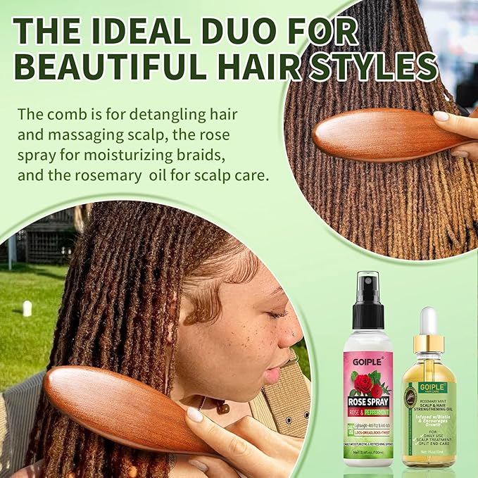 Rose Water for Hair Loc Spray Refreshing for Locs Rose Water Hair Scalp Moisturizer Hydrating Dreadlock | Loc Brush for Dreads Comfortable Massage Wide Tooth Comb & Rosemary Oil for Hair Growth Set