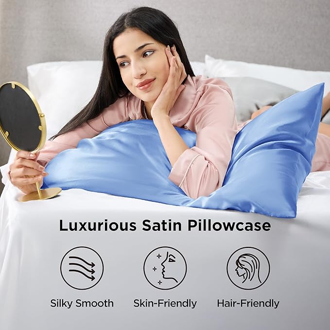 Bedsure Satin Pillowcase for Hair and Skin Queen - Sky Blue Silky Pillowcase 2 Pack with Envelope Closure, Similar to Silk Pillow Cases, Gifts for Women Men, 20x30 Inches, 2pcs