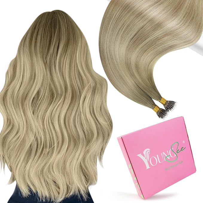 YoungSee Nano Ring Hair Extensions Ombre Blonde Nano Beads Human Hair Extensions Balayage Ash Blonde Ombre Platinum Blond Nano-Tip Hair Extension Human Hair Nano Remy Hair Extension 50G 50S 14Inch