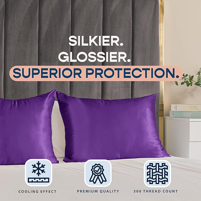 BLISSFORD Purple Satin Pillowcase with Zipper, for Hair and Skin Care, Feels Soft and Cool Like a Silk Pillowcase, Satin Pillow Cases 2 Pack, Slik Pillow Cover, Grape/Purple, Standard - Set of 2
