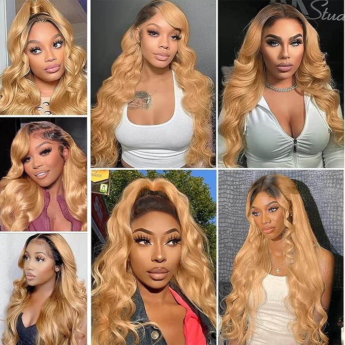 Honey Blonde Lace Front Wigs Human Hair 13x6 Ombre HD Transparent Lace Frontal Wig 12A Body Wave 1B/27 Highlight Lace Front Wigs Human Hair Wigs for Women Pre Plucked with Baby Hair 22inch