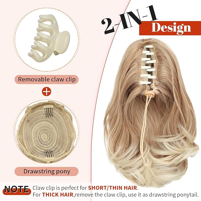 KooKaStyle Ponytail Extension, 10" Short Claw Clip in Pony Tails Hair Extensions Curly Wavy Synthetic Drawstring Hairpieces for Women(Honey Blonde and Dark Blonde Tips)