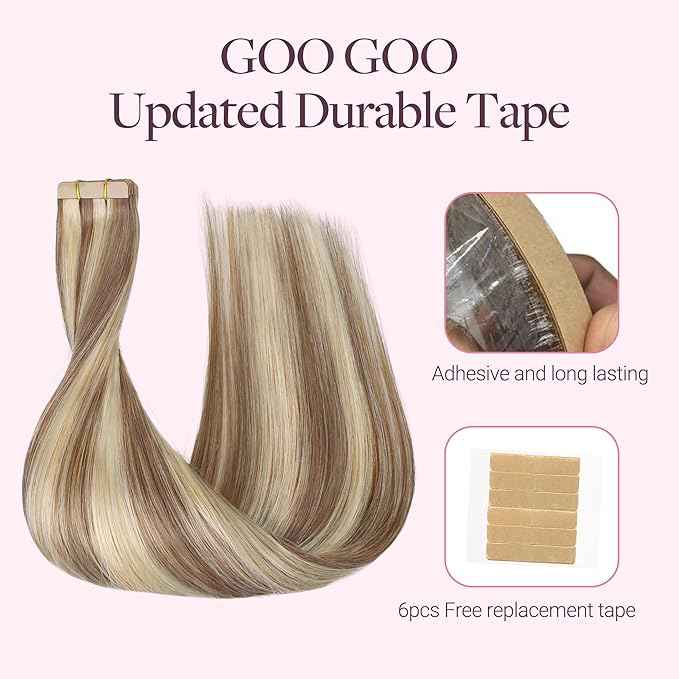 GOO GOO Tape in Hair Extensions Human Hair, 8B/60B Golden Blonde Highlights, 22inch 50g 20pcs, Skin Weft Seamless Invisible, Silky Straight with Thick Ends, Remy Human Hair