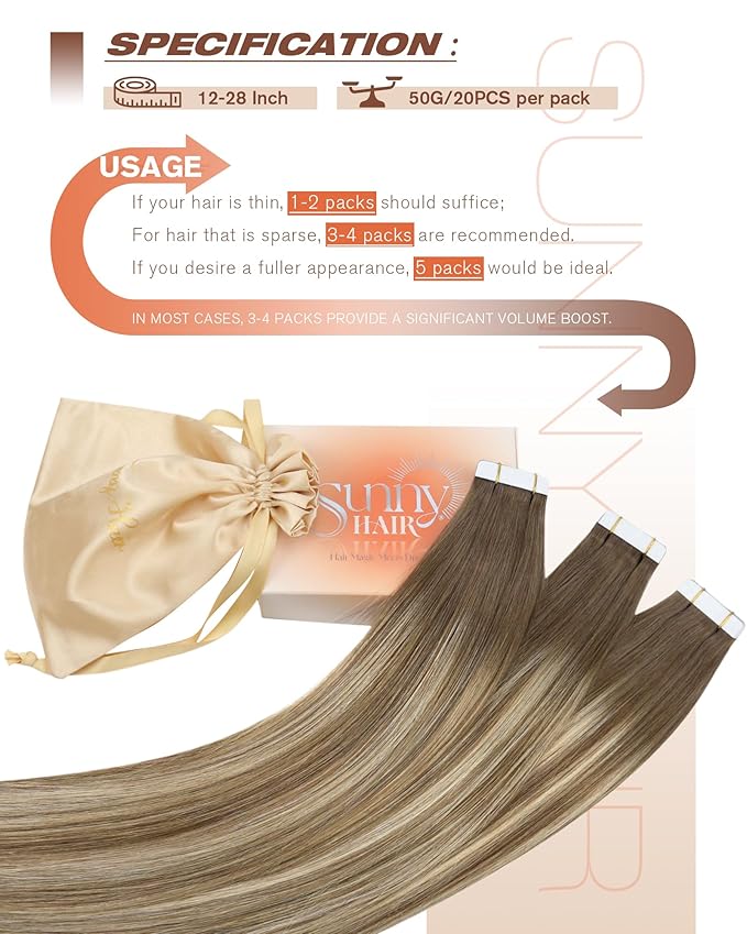 Sunny Hair Tape in Hair Extensions Human Hair, Human Hair Tape in Extensions Light Brown Balayage Blonde Hair Extensions Real Human Hair Tape in 14Inch 50g