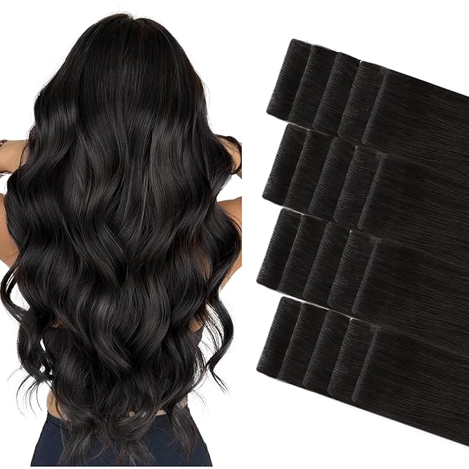 GOO GOO Invisi Edge Tape in Hair Extensions Human Hair, 1B Natural black 20pcs 24inch 50g, Virgin Remy Hair, Seamless Injected Tape, Natural Look