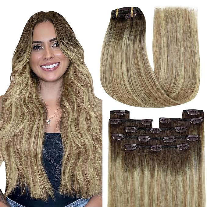 YoungSee Human Hair Clip in Extensions Balayage Clip in Human Hair Extension Walnut Brown Ombre Light Brown with Blonde Invisible Clip in Hair Extensions 24Inch 120G 7Pcs