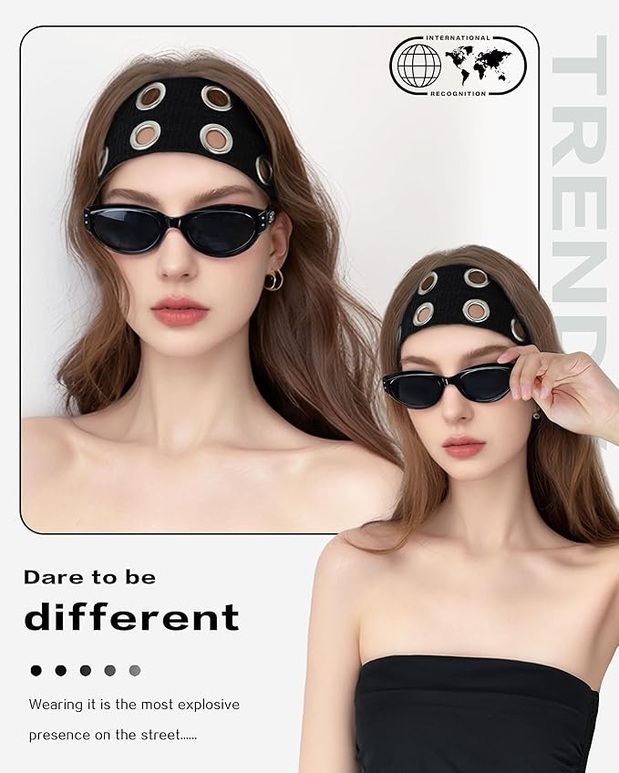 Grommet Headband for Women, Wide Black 20cm Hollow Out Elastic Hair Band, Eyelets Punk Grunge Stylish Hairband