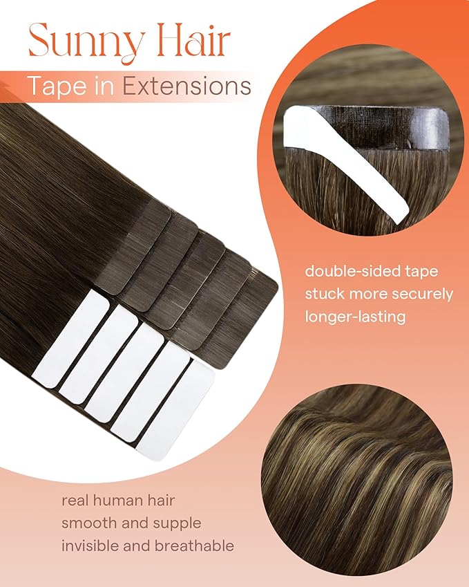 Sunny Hair Tape in Hair Extensions Real Human Hair Invisible Remy Hair Extensions Tape ins for Women Dark Brown Ombre Caramel Blonde Balayage 14 inch 25G