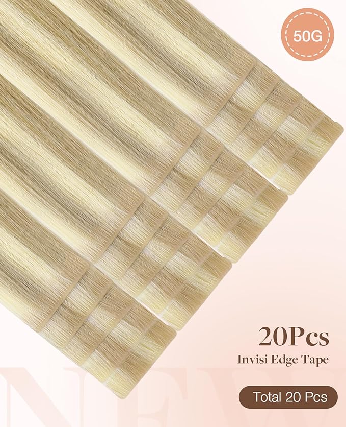 GOO GOO Invisi edge Tape in Hair Extensions Human Hair, 18A/613A Dark Blonde Highlighted Bleach Blonde 20pcs 18inch 50g, Virgin Human Hair Tape ins, Seamless Injected Tape in Hair Extensions
