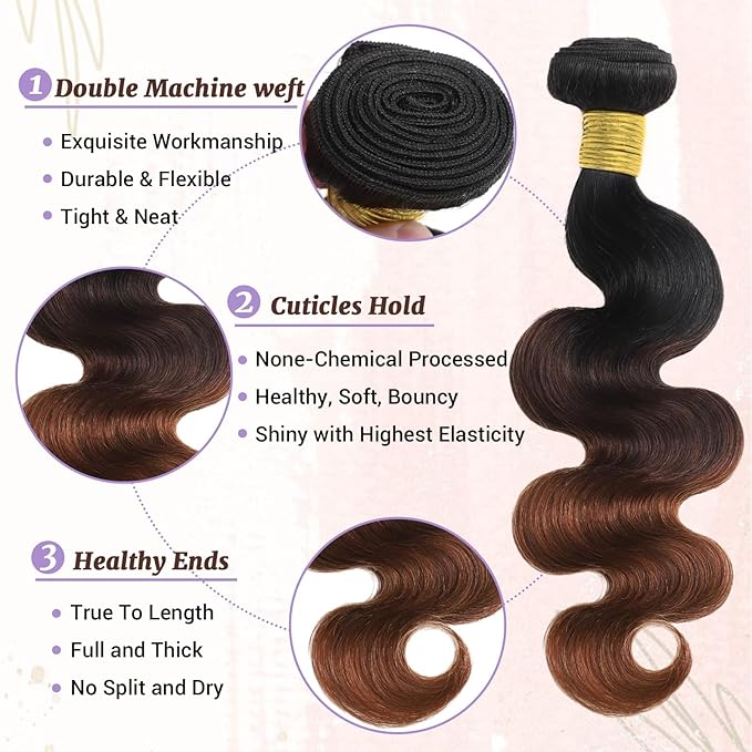 T1B/2/30 Chestnut Brown Ombre Human Hair Bundles Body Wave 20 22 24 Inch 100% Real Virgin Human Hair Bundles Dark Roots Bundle 3 Tone Ombre Medium Auburn Colored Sew in Quick Weaves