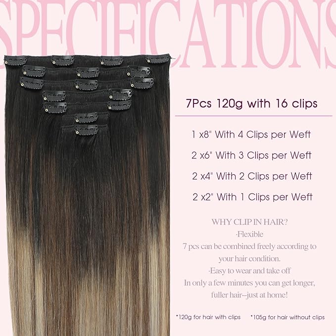 PINKPEARL Clip in Hair Extensions Real Human Hair #1B/4/27 Balayage Natural Black to Chocolate Brown and Caramel Blonde Clip in Hair 7pcs 120g 20inch Human Hair Extensios Clip ins(#1B/4/27-20)