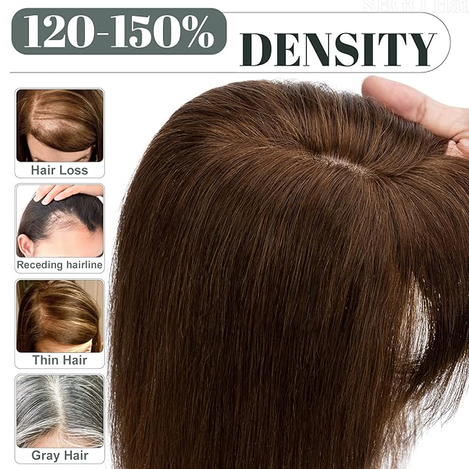 SEGO Hair Toppers for Women Real Human Hair with Thinning Hair, Toppers Hair Pieces Clip in Toppers Straight Hair Pieces with Front Bangs 150% Density Silk Base -14 Inch #4 Medium Brown