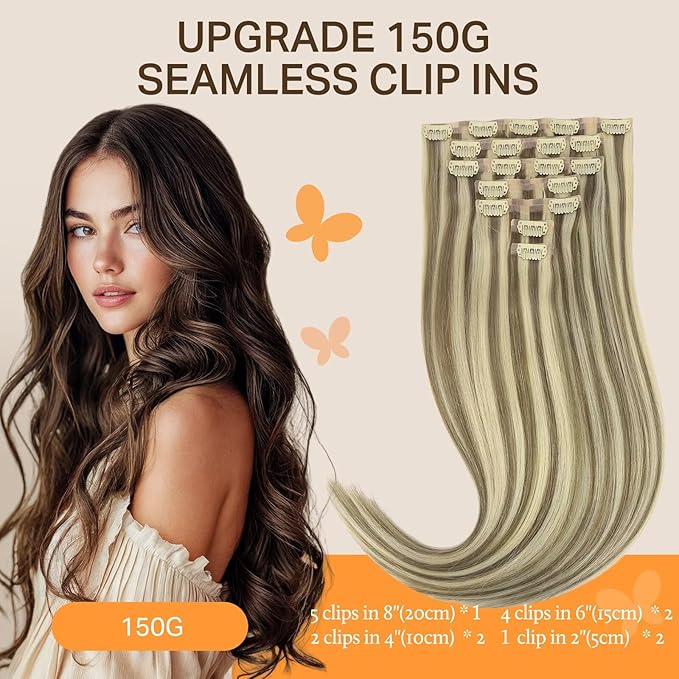 DOORES Human Hair Clip in Extensions, Light Brown Highlighted Medium Blonde14 Inch 130g 9pcs, Silky Straight Thick Extensions