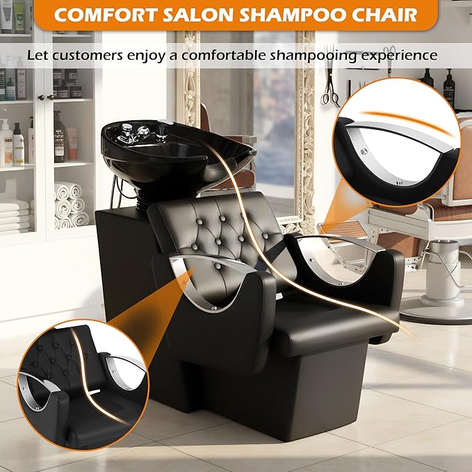 Shampoo Bowl Chair for Salon, Backwash Station Shampoo Sink with Tilting Ceramic Bowl Professional Salon Beauty Spa Barbershop Equipment