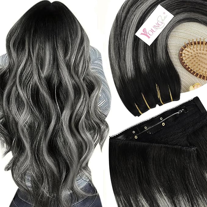 YoungSee 135G Wire Hair Extensions Ombre Black with Silver Hair Extensions Invisible Wire Black Ombre One Piece Hair Extension Real Human Hair 24Inch