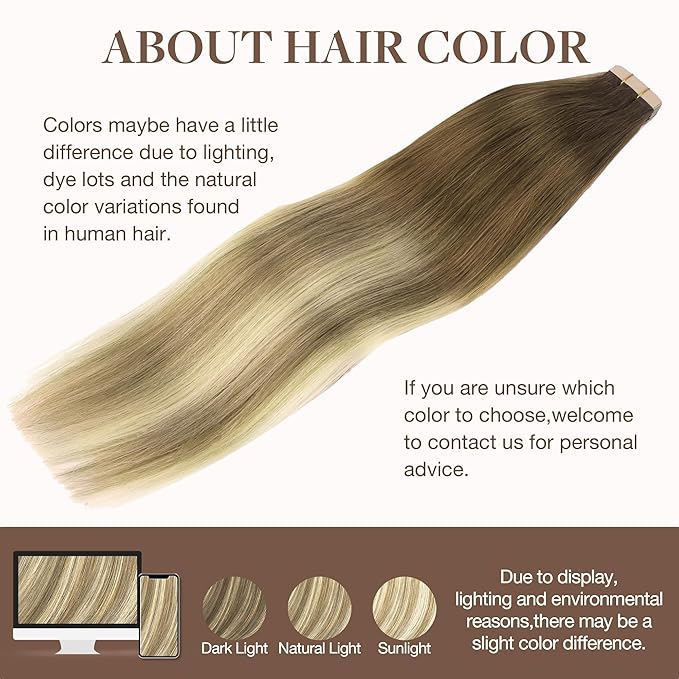 GOO GOO Tape in Hair Extensions Human Hair, 3/8/613 Walnut Brown to Ash Brown and Bleach Blonde, 16inch 100g 40pcs, Skin Weft Seamless Invisible, Silky Straight with Thick Ends, Remy Human Hair