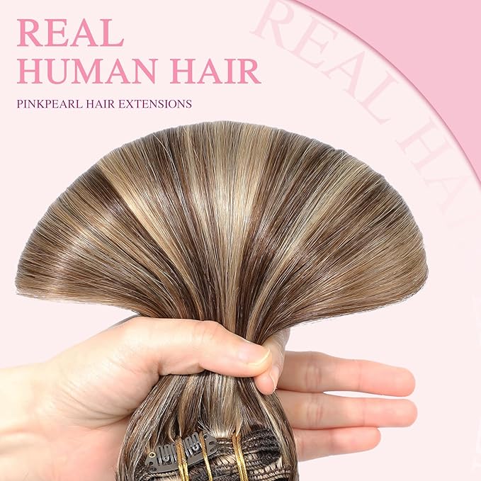 PINKPEARL Clip in Hair Extensions Human Hair 16inch 120g 7pcs Remy Human Hair Extensions Clip in #4P27 Chocolate Brown Highlighted Caramel Blonde Clip Hair Natural Human Hair(#4P27-16)