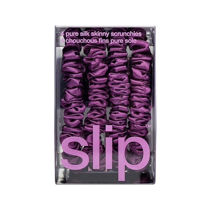 slip Skinny Scrunchies: Anti-Crease, Anti-Breakage Slipsilk™ Design Protects Delicate Hair | Includes 4 Pure Silk Scrunchies: Dark Purple