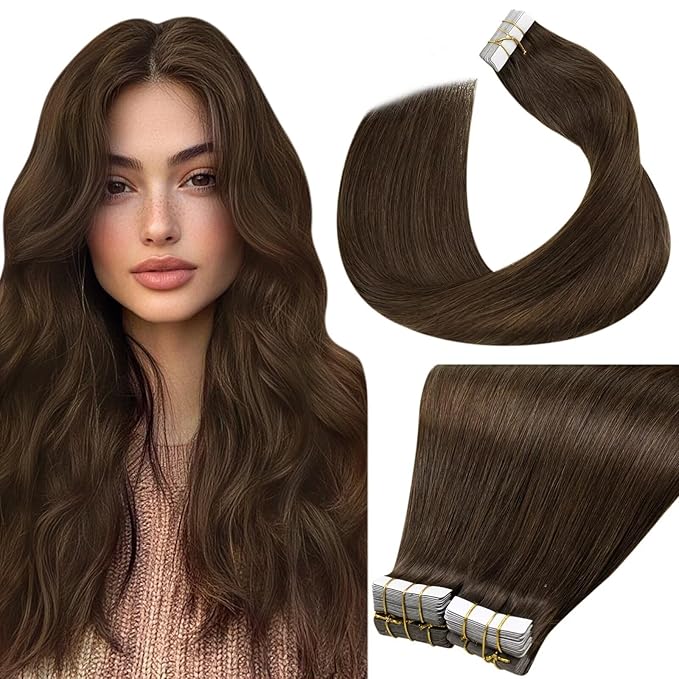 LaaVoo Human Hair Extensions Tape in 16 Inch 80g Seamless Tape in Hair Extensions Real Human Hair Dark Brown #4 40 Pieces