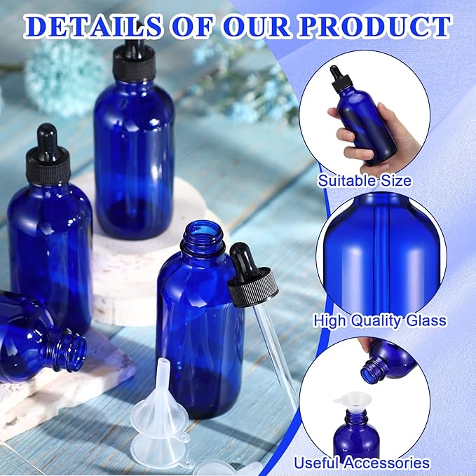 Dandat 50 Pack 4 oz Glass Dropper Bottles Leakproof 120 ml Glass Tincture Bottles with Eye Droppers, 4 Funnels, 54 Labels for Essential Oil Perfumes Hair Oil(Blue)