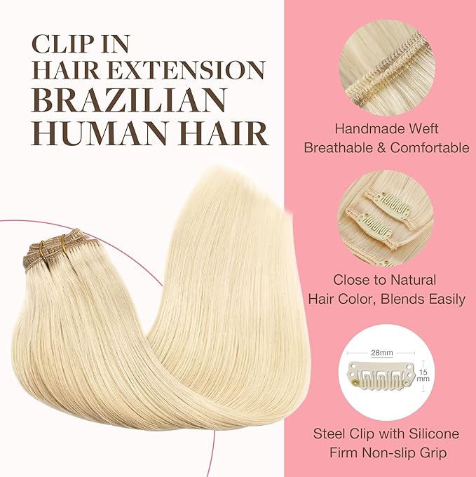 GOO GOO Clip in Hair Extensions Real Human Hair, Remy Human Hair Extensions Clip ins for Women, Natural Human Hair, 14inch 120g 7Pcs, 613R Bleach Blonde