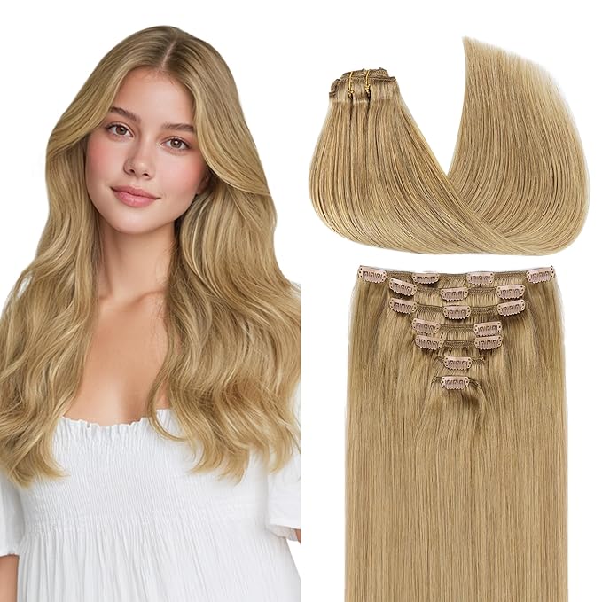GOO GOO Clip in Hair Extensions Real Human Hair, Remy Human Hair Extensions Clip ins for Women, Natural Human Hair, 22inch 120g 7Pcs, 7 Bronde