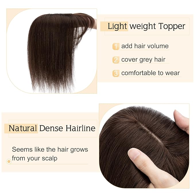 SEGO Hair Toppers for Women Real Human Hair With Bangs, 7 * 13CM Silk Base 100% Remy Human Hair Clip in Top Wiglet Hairpieces Add Volume -6 Inch Dark Brown