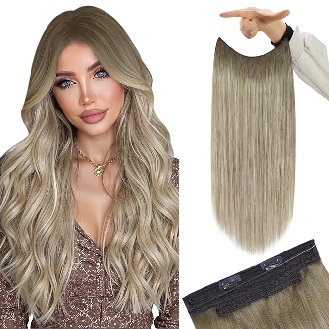 YoungSee Wire Hair Extensions for Women Ombre Invisible Wire Hair Extensions Human Hair Balayage Ash Blonde Ombre Platinum Blonde Fish Line Extensions Real Human Hair 80g 18In