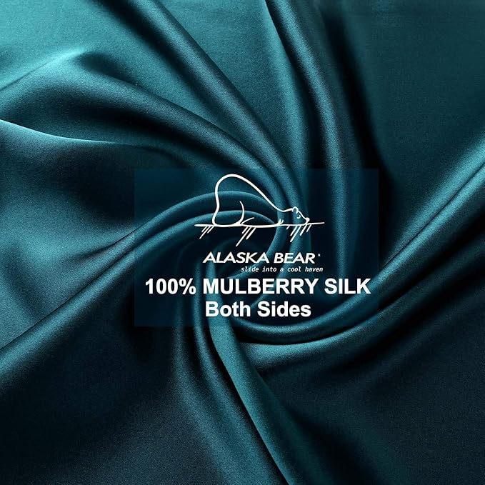 ALASKA BEAR Silk Pillowcase for Hair and Skin, 100% Mulberry Silk Pillow Cases Standard Size for Bliss Sleep with Random Color Scrunchy Gift Set Better Than Poly Satin, 1 Pack, Teal/Dark Turquoise