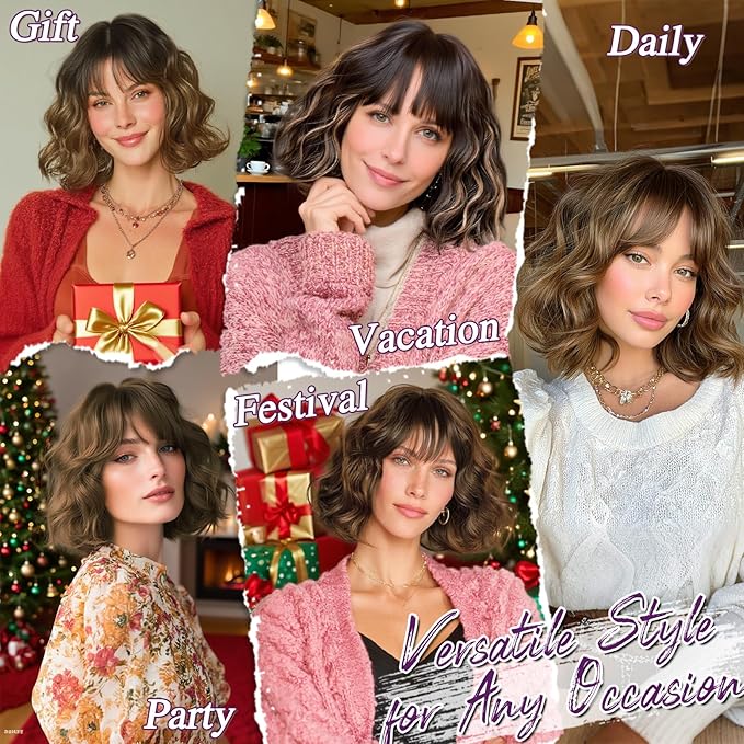 BARSDAR Brown Ombre Short Wavy Wig with Bangs - Short Wavy Brown Wig for Women - Fluffy Soft Synthetic Curly Textured French Bob Ombre Wigs with Bangs Natural Looking Face-Framing Daily