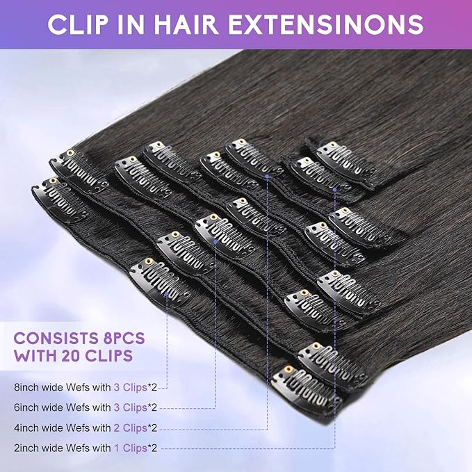 Clip in Hair Extensions Real Human Hair, 18 Inch 100g/3.6oz, 1B Natural Black, Invisible Seamless Straight Remy Human Hair Extensions Cip ins for Women 8pcs Per Set with Double Weft