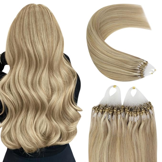 YoungSee Micro Loop Hair Extensions Real Human Hair Blonde Micro Link Hair Extensions Golden Blonde Highlights Beaded Hair Extension 16In 50g 50s Straight Hair Cold Fusion Hair Extension