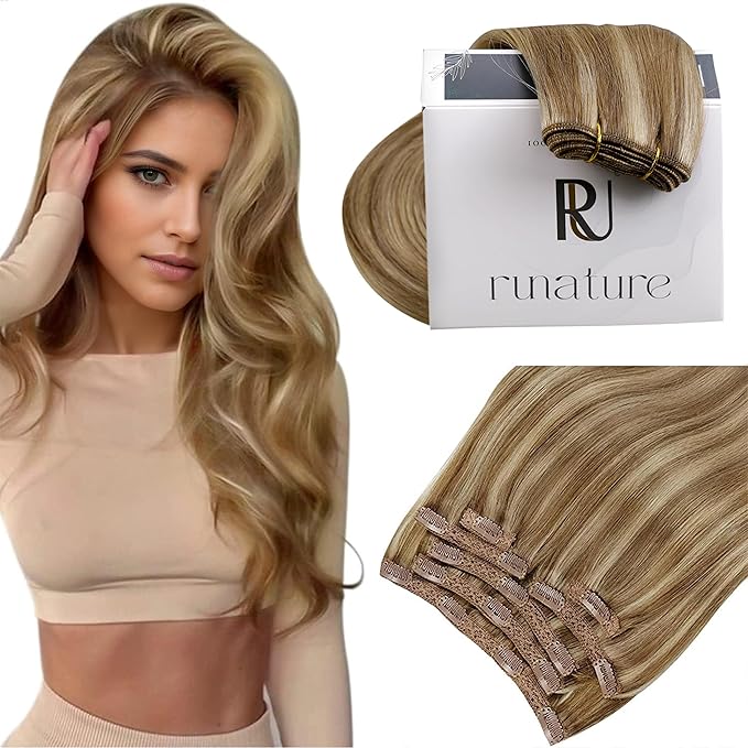 RUNATURE Blonde Clip in Hair Extensions, Real Human Hair Clip in Extensions, Long Hair Extensions Clip Ins, Remy Natural Hair Add Length, 22 Inch 120g 7pcs #10P16 Dark Blonde Highlight Caramel Blonde