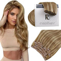 RUNATURE Clip in Hair Extensions Human Hair, 10 Inch Short Hair Extensions Real Human Hair Clip Ins, Thick Full Head Remy Hair 80g 7pcs #10P16 Dark Blonde Highlight Caramel Blonde