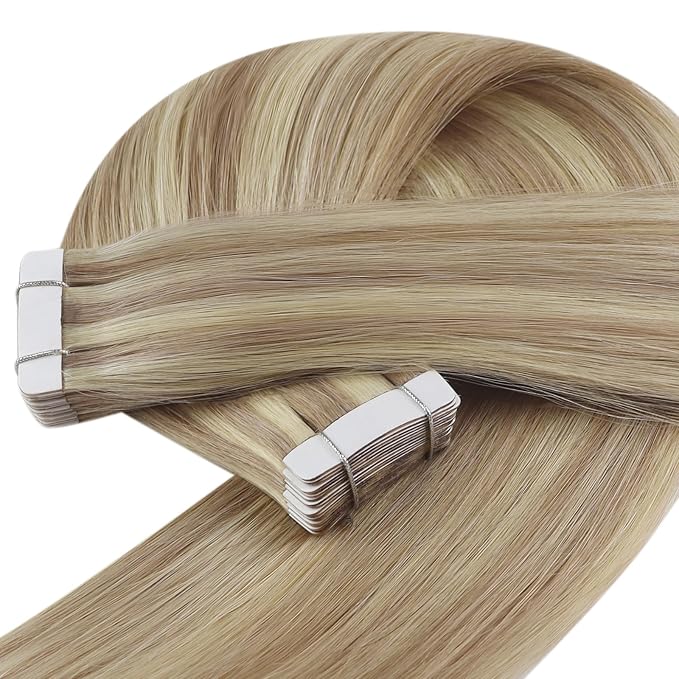 YoungSee Human Hair Tape in Extensions Blonde Highlight Real Hair Tape in Extensions for Women Tape-in Remy Hair Extension Blonde 16In 20pcs 50g Easy to Apply