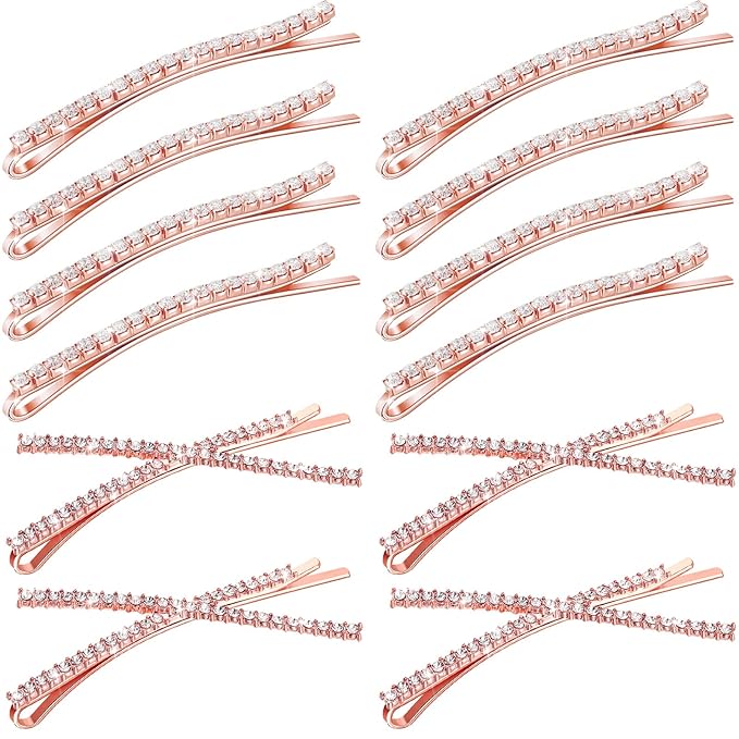 12 Pieces Rhinestone Bobby Pins Decorative Fancy Crystal Hair Clips Shiny Metal X Shaped Barrettes Bling Diamond Wedding Bridal Shower Hair Accessories for Women Ladies Girls (Rose Gold)