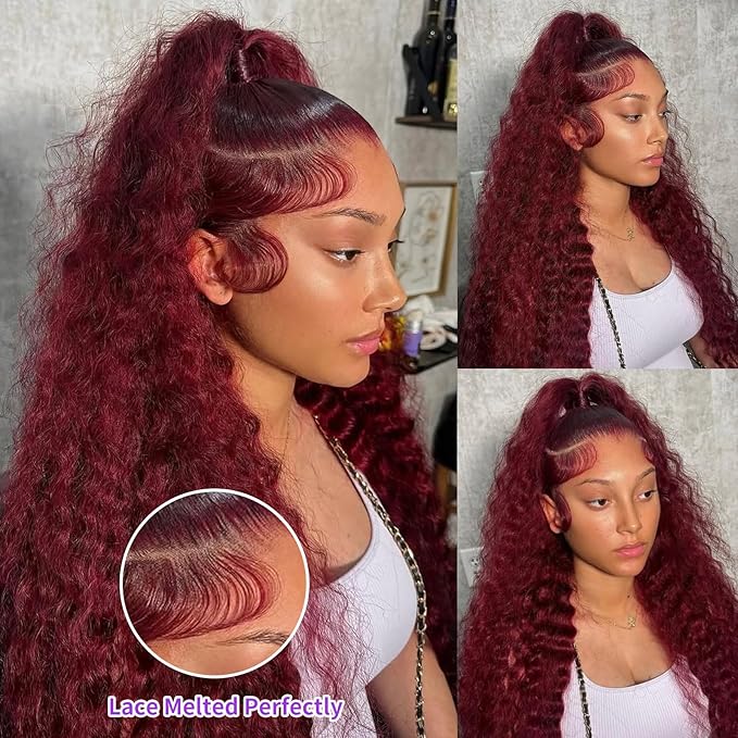 24 Inch 99J Burgundy Lace Front Wigs Human Hair Deep Wave 13x6 HD Lace Front Wigs Pre Plucked with Baby Hair Wet and Wavy Human Hair Wig 200% Density Deep Curly Frontal Wigs for Black Women