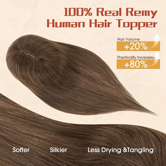 Rich Choices Human Hair Toppers for Women-100% Real Remy Hair Topper with 3D 360°Bang-Upgraded 150% Density 9 * 12CM Lace Base-Clip in Hairs topper for Thinning Hairs-14Inch #2 Dark Brown