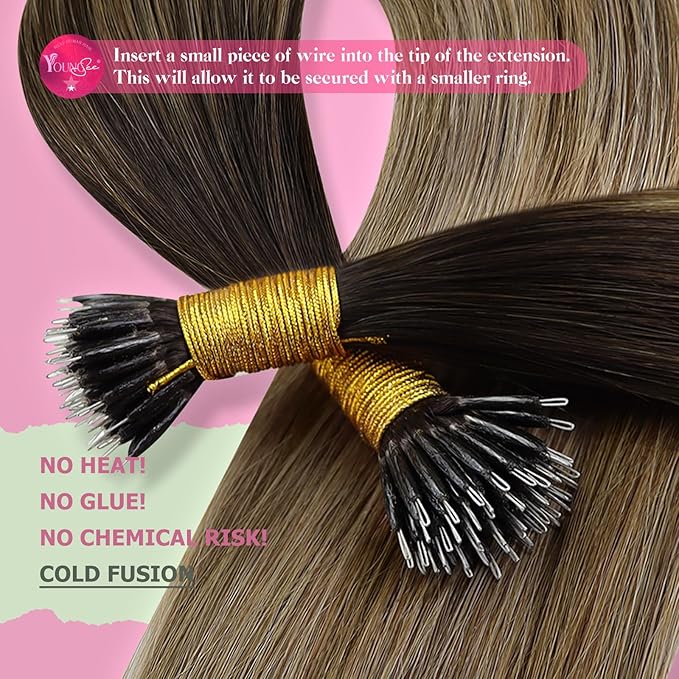 YoungSee Nano Ring Hair Extensions Human Hair Brown Nano Ring Hair Extension Balayage Dark Brown with Blonde Nano-Beads Hair Extension Brown Nano-Tips Remy Hair for Wedding 16inch 1g/s 50g