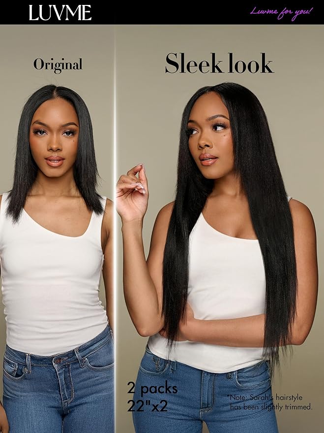 LUVME Yaki Straight Seamless 110g 7Pcs Clip in Hair Extensions Full Max with 14inch Remy Human Hair Extensions, Natural Black 100% Real Soft Hair