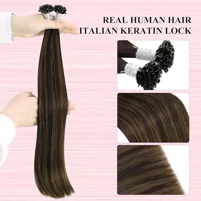 YoungSee U Tip Hair Extensions Human Hair Balayage K Tip Hair Extensions Real Human Hair Balayage Dark Brown with Brown Utip Hair Extension Ombre for Daily Confidence Boost 20In 50s/50G