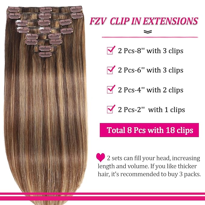 Clip in Hair Extensions Real Human Hair 4.2oz/120g 8pcs Chocolate Brown to Honey Blonde Human Hair Extensions Straight Double Weft Remy Human Hair for Black Women 20 Inch #P427